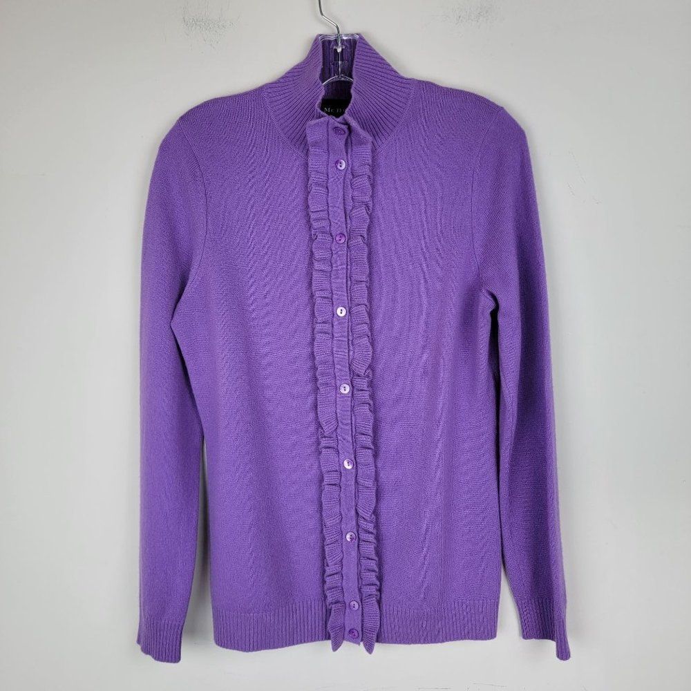 McDuff Cashmere Purple Button Down Ruffle Front Crew Neck Long Sleeves Sweater M